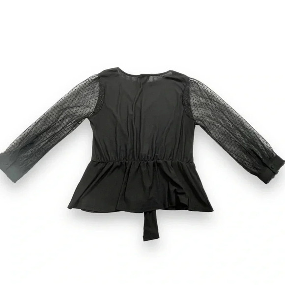 Flower and Feather Black Cinched Waist Peplum Top with Dot Lace Puffed Sleeves - Picture 2 of 5